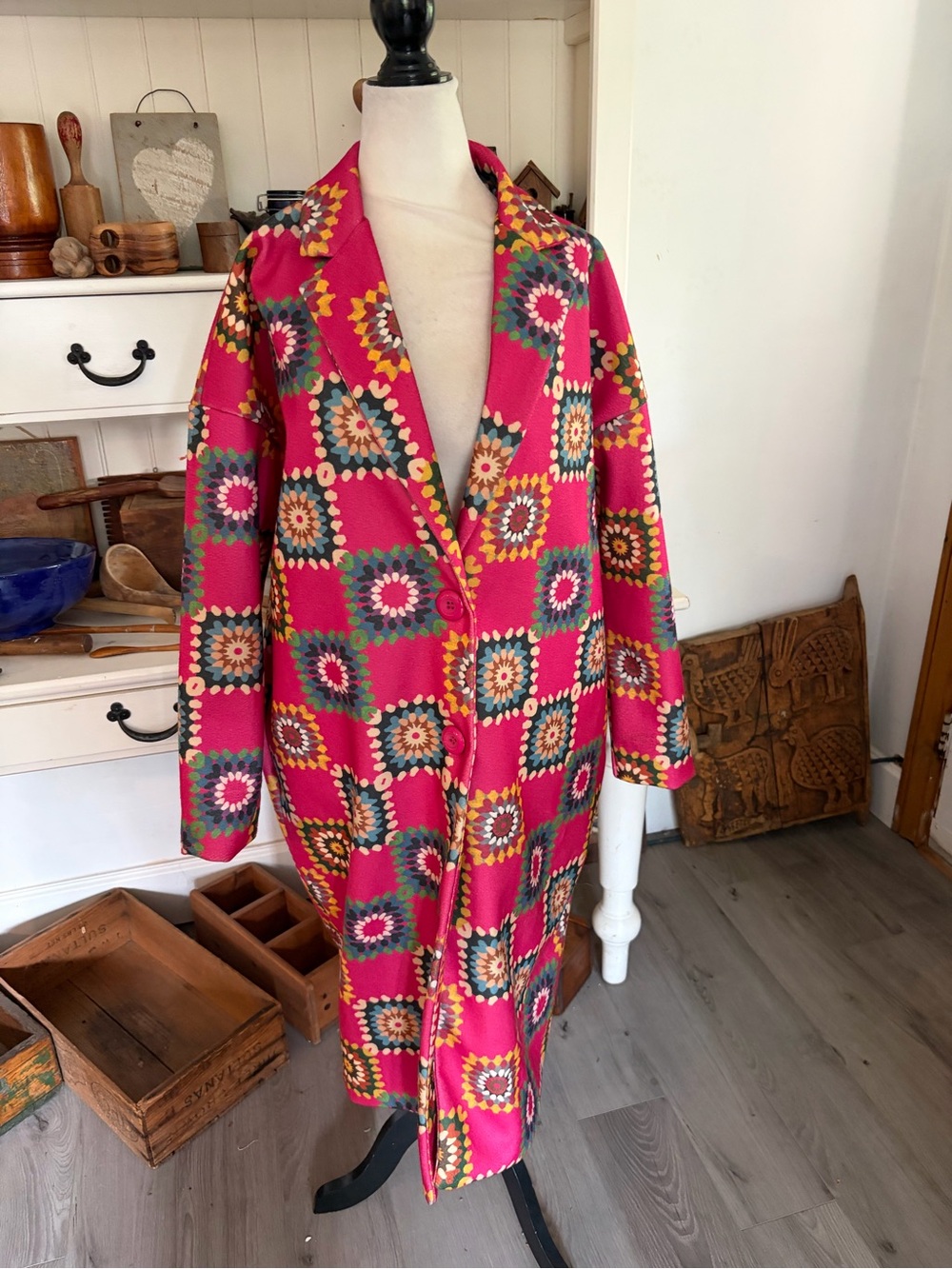 Chiaretta Firenze Bright Pink Vintage-Inspired Patchwork Print Coat